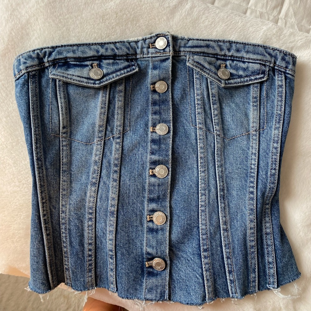 Worn once strapless denim zara button top
